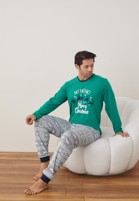 Pijama barbati Craciun "HO HO " maneca lunga ,pantaloni lungi,Culoare Verde, Engros